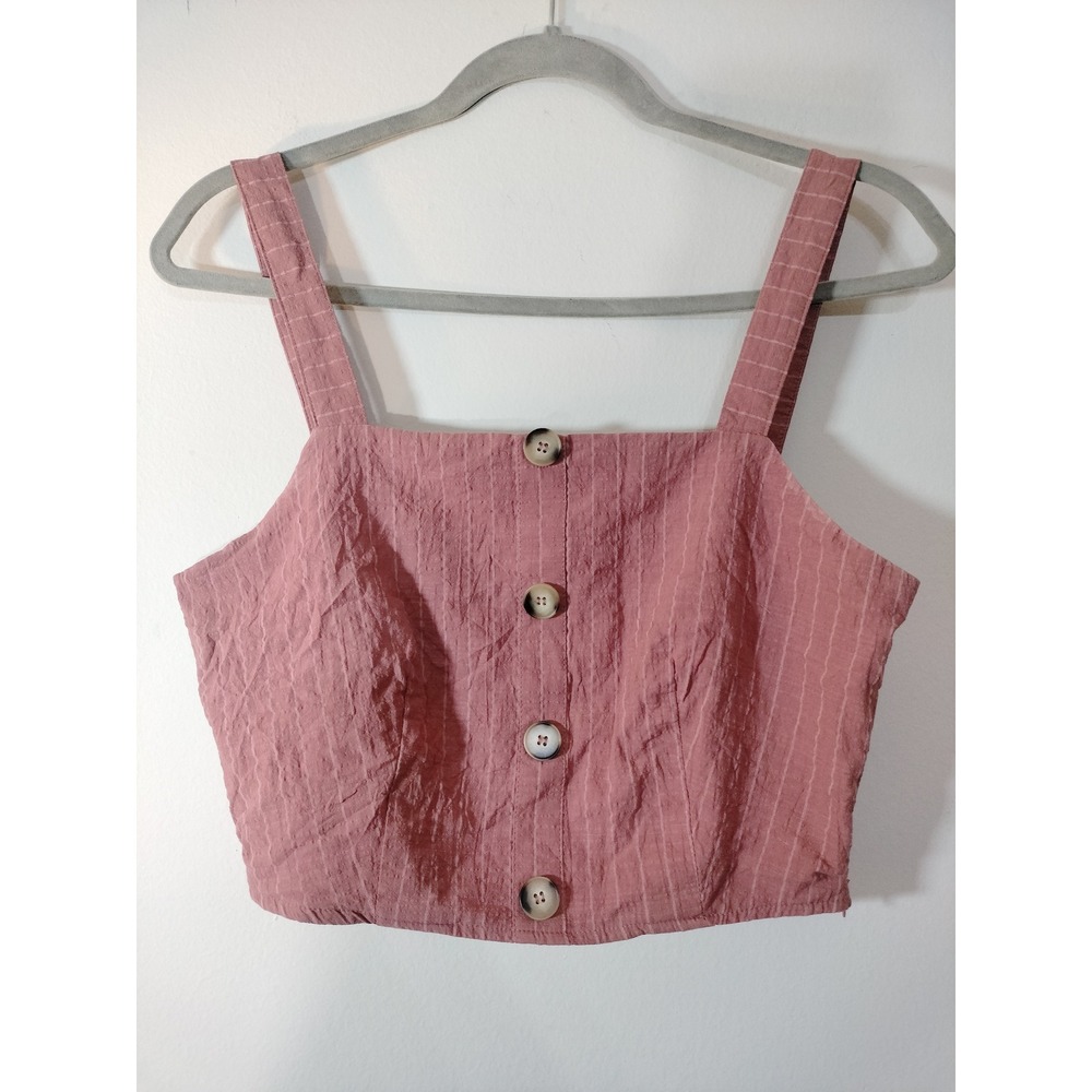 Fashion On Earth Women Small Dusty Rose Striped Button Front Crop Top Tank